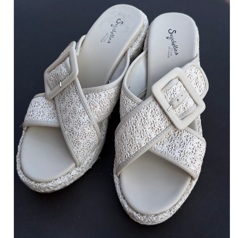 Seychelles Loulou Platform Slide Wedge Sandals Off White Woven Cross 9.5